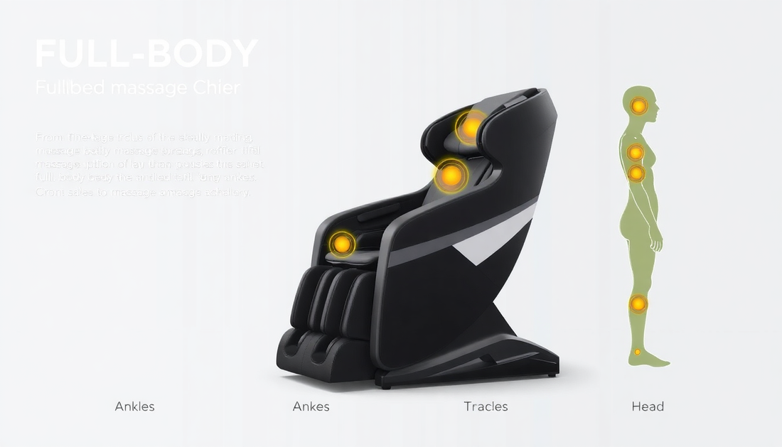 Full-Body Massage Chair Explaining Pressure Points for Ankles, Tracels, and Head Support