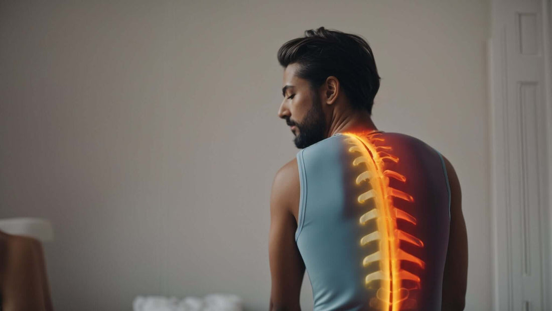Young man with highlighted spine illustration showing posture issues and therapy options Massage Chairs Alleviate Back Pain
