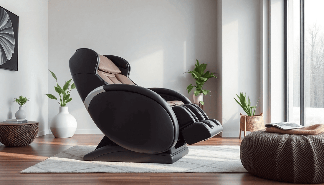 Modern living room featuring a sleek Fujiiryoki Massage Chair and decorative plants