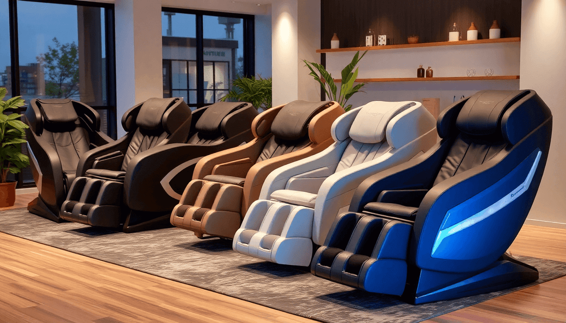 Showcase of Fujiiryoki Massage Chairs in various colors displayed in a modern living space