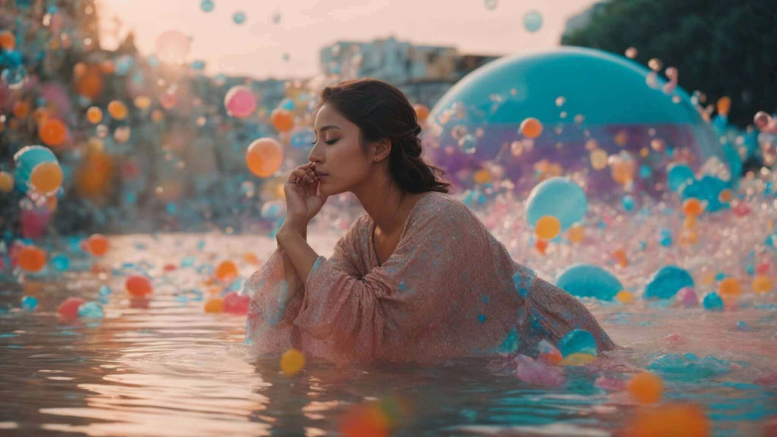Woman in shallow water surrounded by colorful floating balls evoking calm for a post on best electric massagers for stress relief