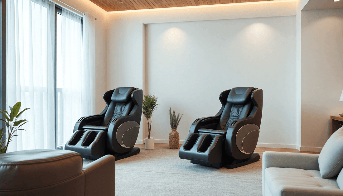 Modern home interior featuring two Fujiiryoki USA Massage Chairs in a relaxing setting