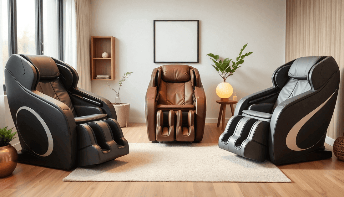 Three Fujiiryoki massage chairs in black and brown leather arranged in a modern living room setting