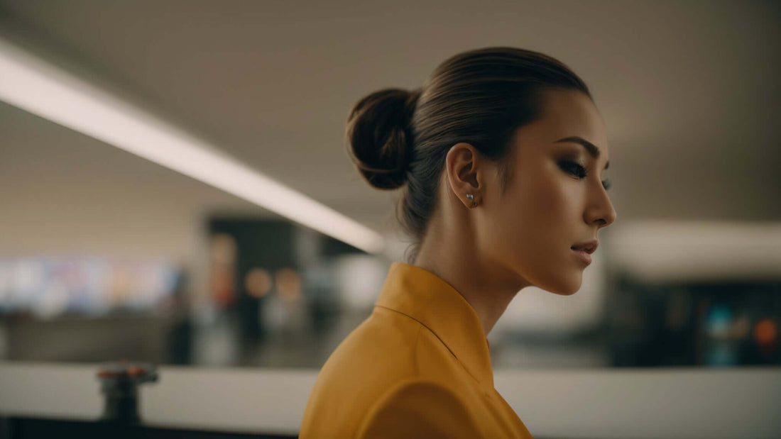 Woman in a yellow blazer looking serene, emphasizing Massage Chairs and Tension Headache Relief