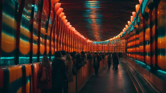 People walking through a colorful illuminated tunnel, showcasing vibrant lights and reflections