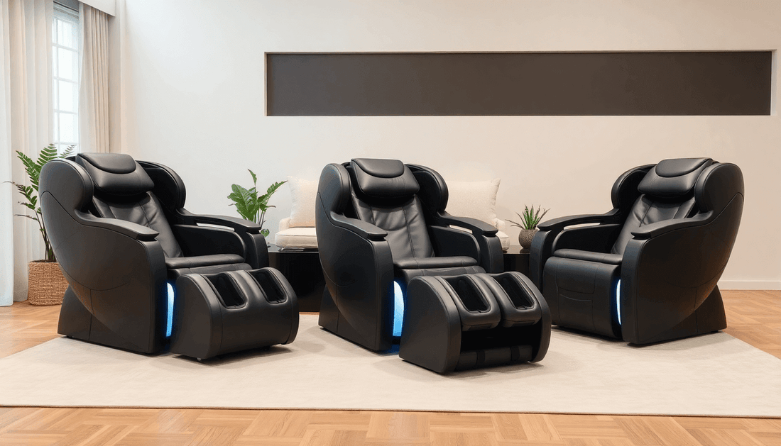 Three stylish Fujiiryoki Massage Chairs arranged in a modern living room setting