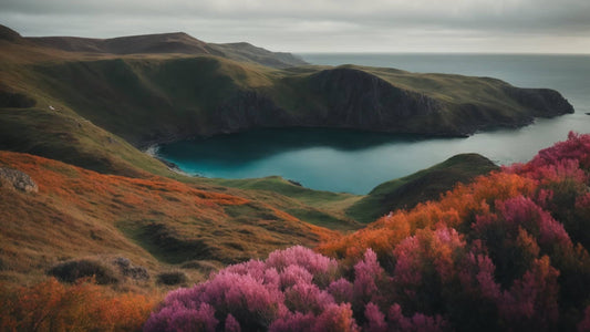 Serene landscape view showcasing vibrant flowers and a tranquil coastal body of water