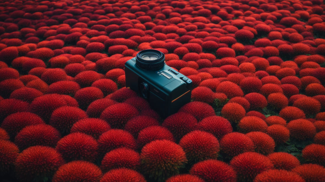 Camera positioned among vibrant red flowers in a scenic landscape for the Massage Chair Buying Guide