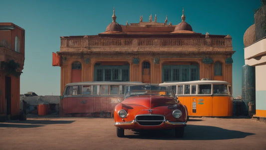Classic cars parked in front of a vintage building with colorful architecture in a sunny location