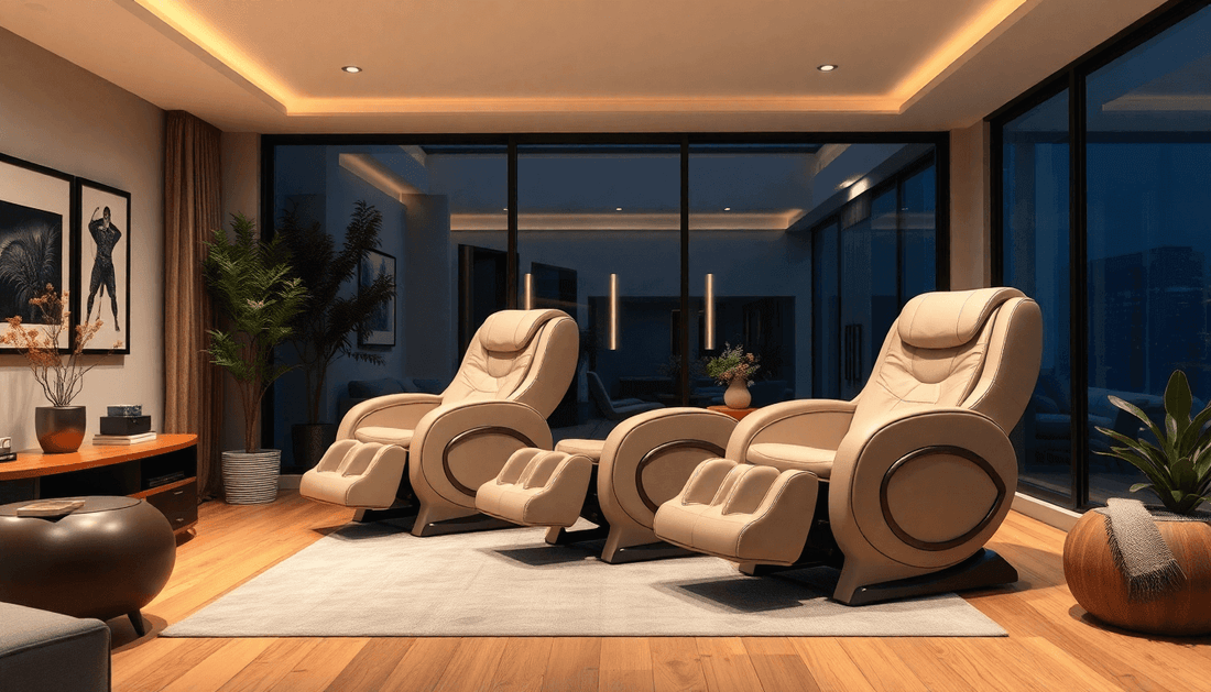 Luxurious living room featuring two Fujiiryoki Massage Chairs for ultimate relaxation
