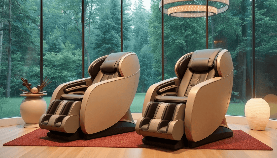 Fujiiryoki Massage Chairs in a modern room with large windows and lush greenery outside