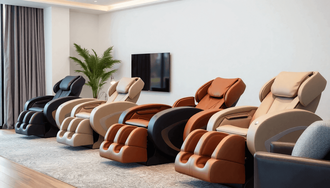 Showcase of the best massage chairs 2025 in various colors arranged in a stylish living room setting
