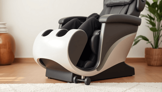 Close-up of the Calm Plus massage chair showcasing its ergonomic design and features in a cozy room