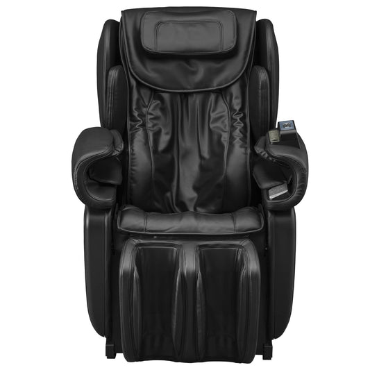 Black leather massage chair with cushioned armrests and integrated control panel
