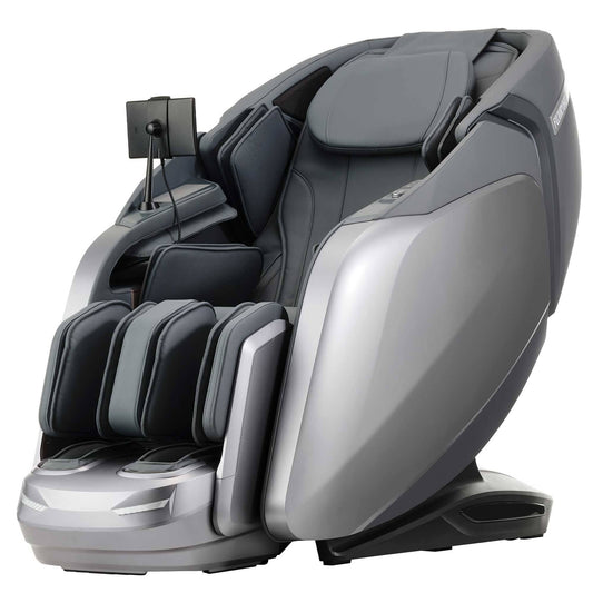 Silver luxury massage chair with ergonomic design, side view, touchscreen control panel