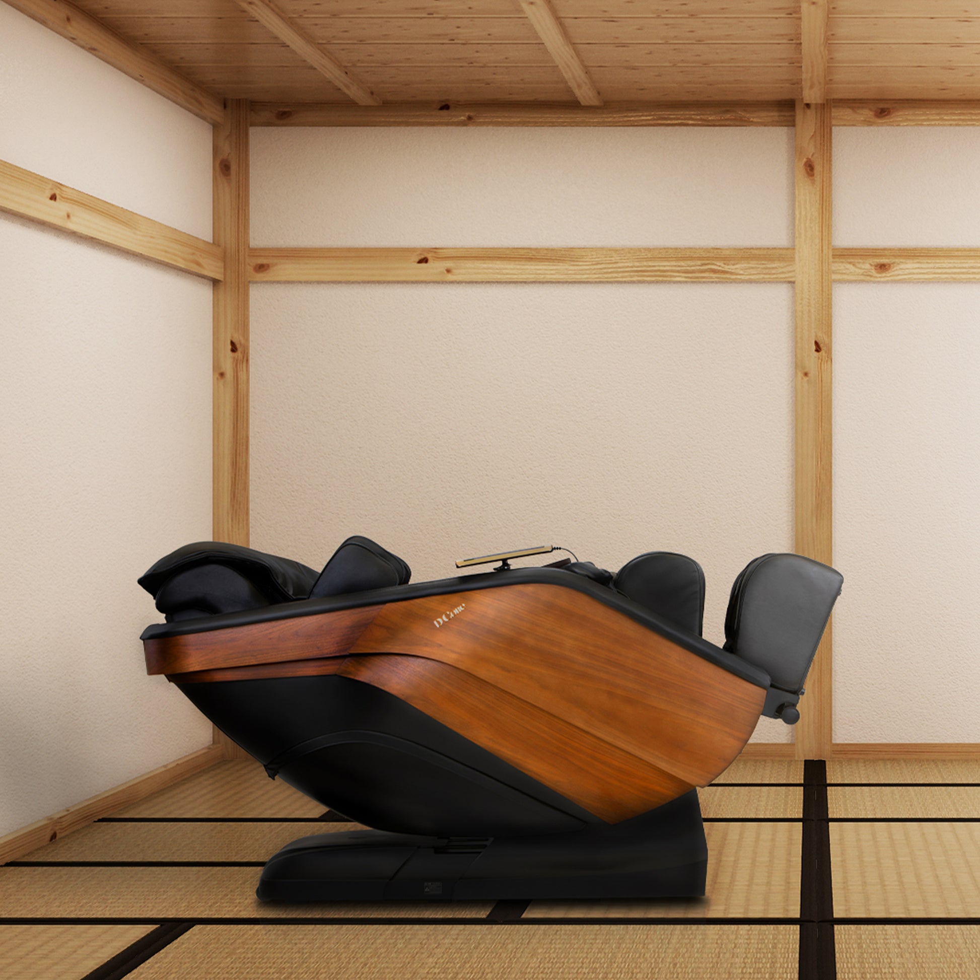 DCore STRATUS electric massaging chair with wood panel design in a wooden room