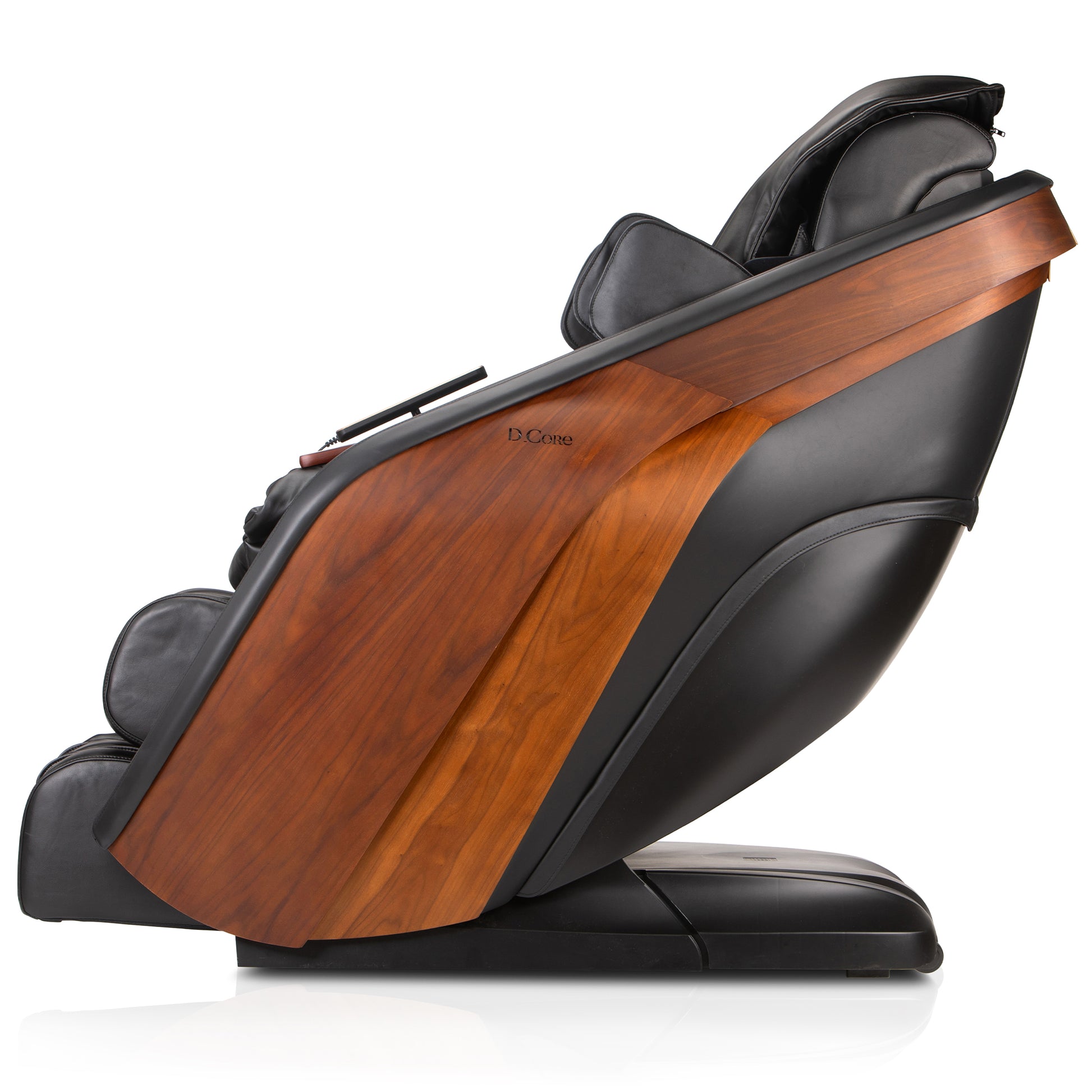 DCore STRATUS electric massaging chair with black leather and wood panel side design