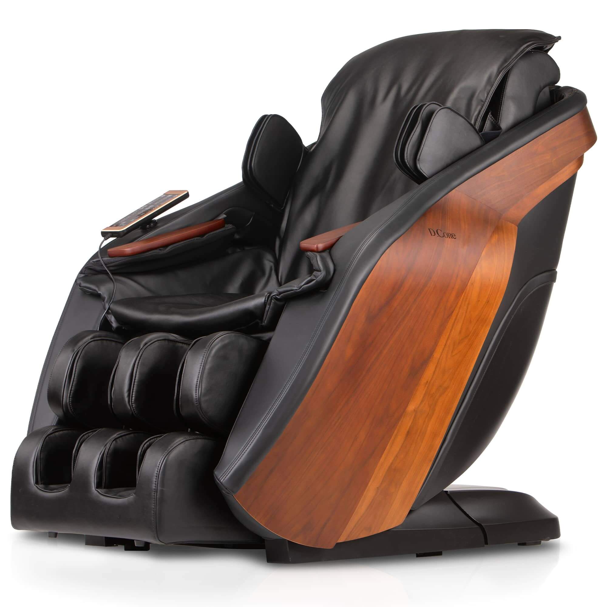 Black leather massage chair with wood accents, side view, ergonomic and modern design