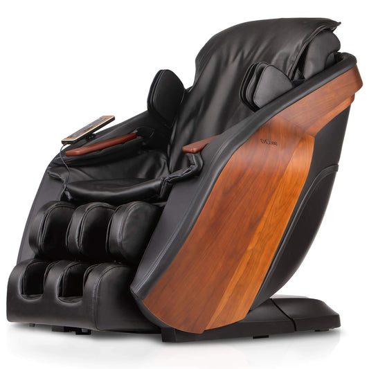 Black leather massage chair with wood accents, side view, ergonomic and modern design