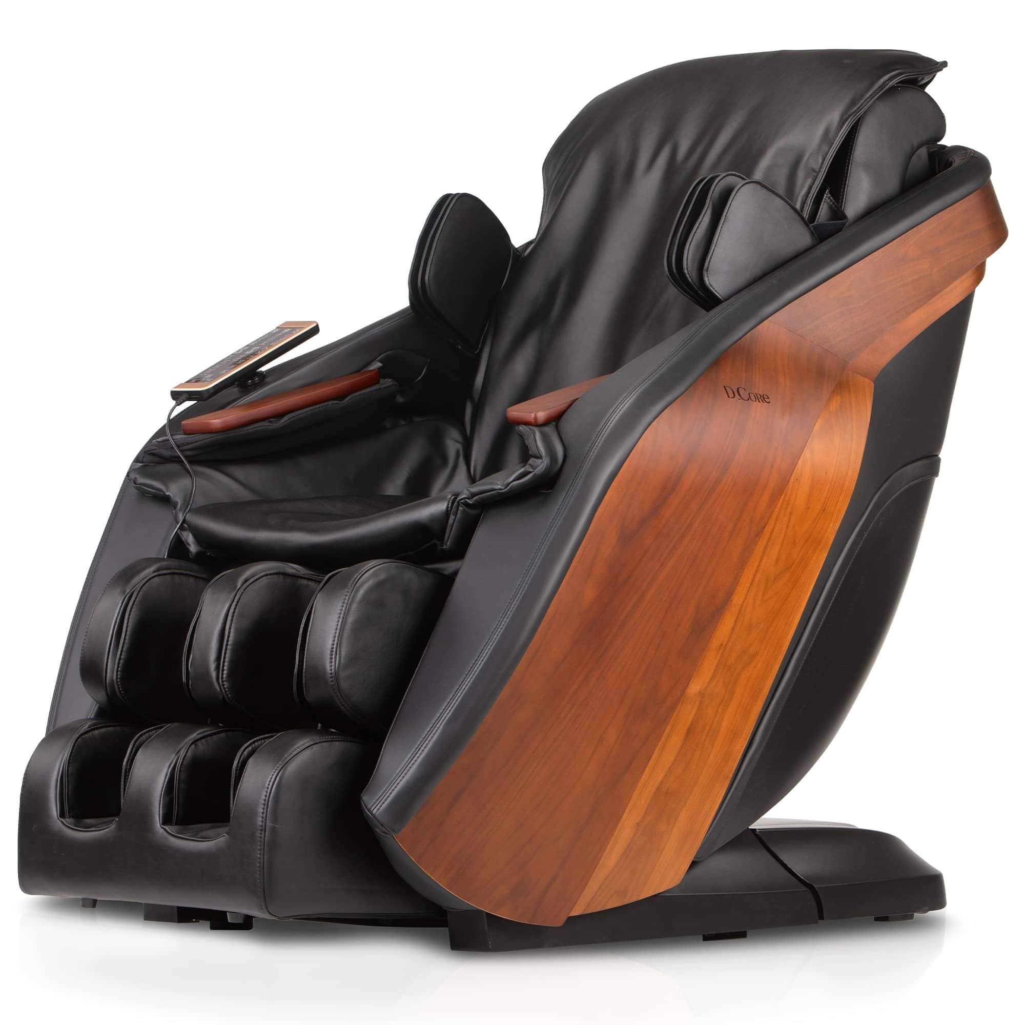 D.Core STRATUS-JP Refurbished Premium Japanese Massage Chair with a sleek black design and wooden accents.