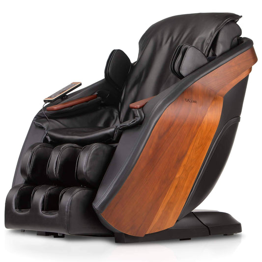 D.Core STRATUS-JP Refurbished Premium Japanese Massage Chair with a sleek black design and wooden accents.