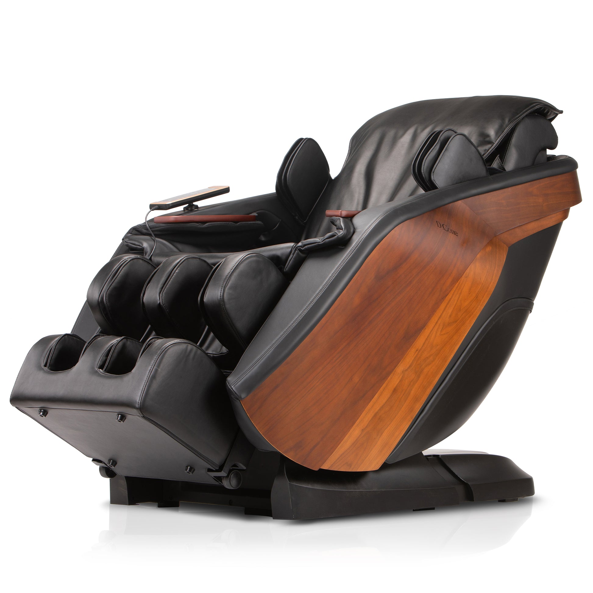 DCore STRATUS electric massaging chair with black leather and wooden side panels for full body relaxation