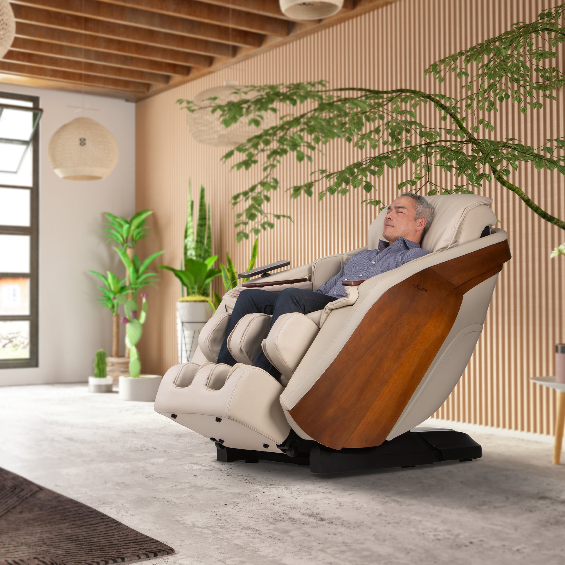 DCore STRATUS electric massaging chair in beige with wooden accents in a modern living room