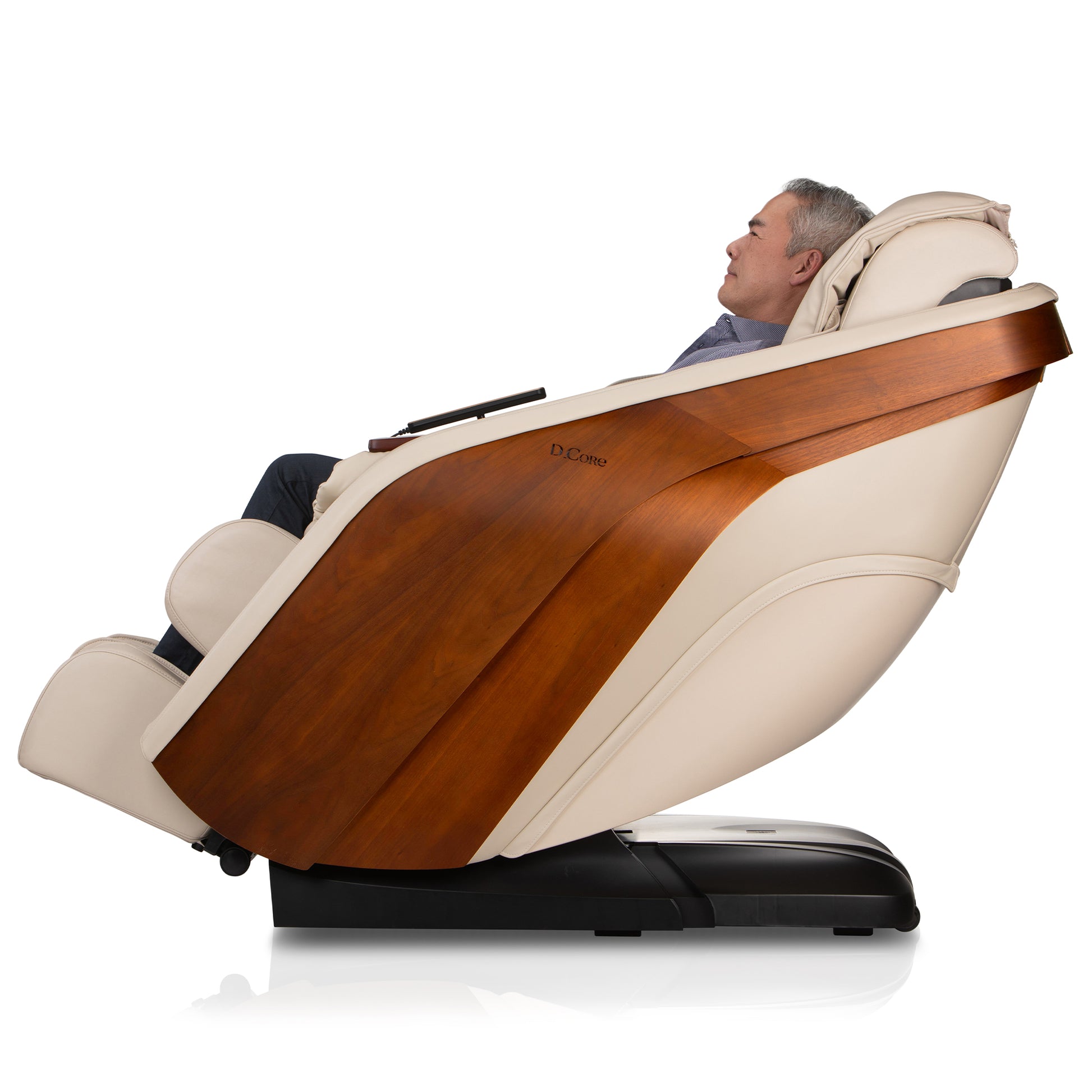 DCore STRATUS electric massaging chair in beige with wood paneling and reclining feature