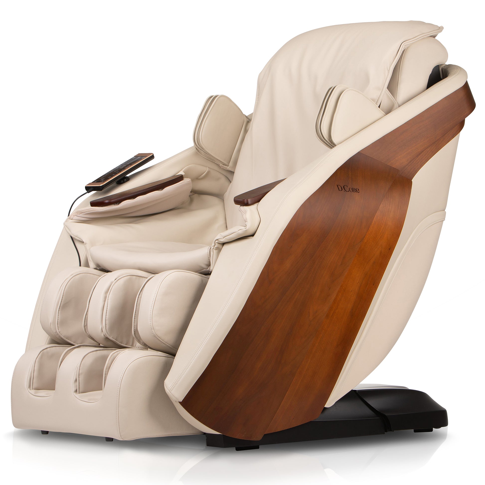 DCore STRATUS electric massaging chair in beige leather with wooden side panels and remote control
