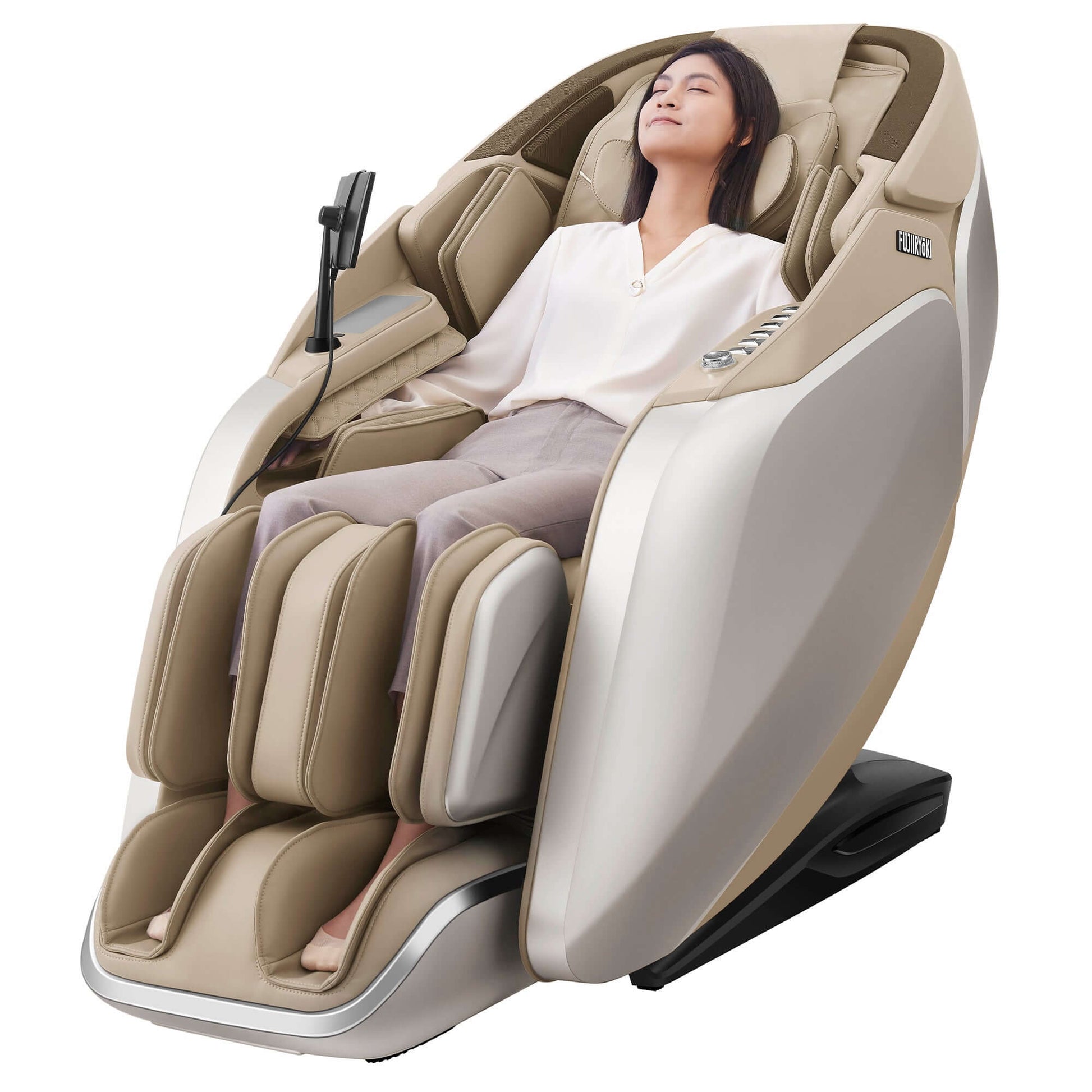 Fujiiryoki Cyber Relax Pro electric massaging chair in beige with woman enjoying full body massage