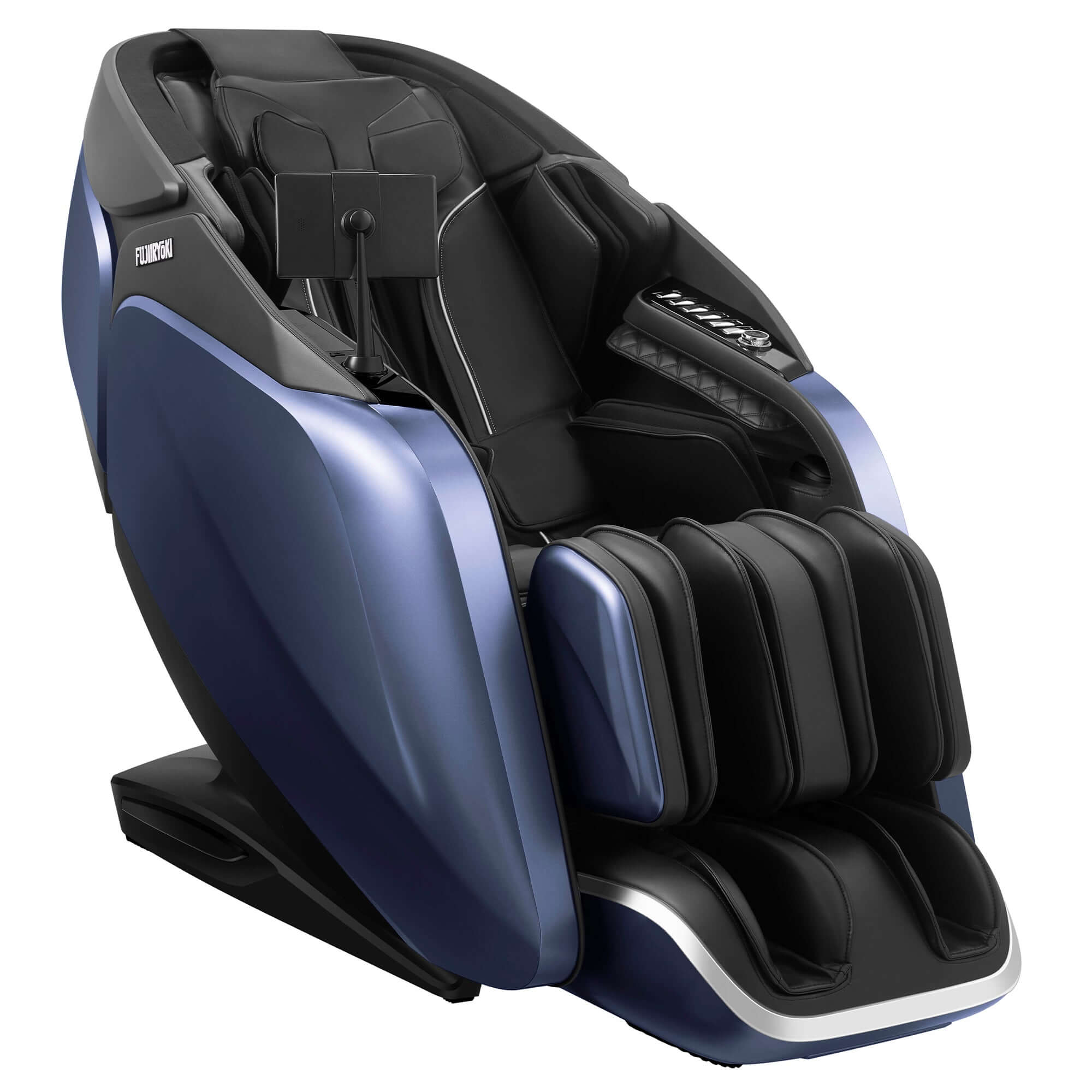 Fujiiryoki Cyber Relax Pro electric massaging chair in blue and black with foot and arm massagers