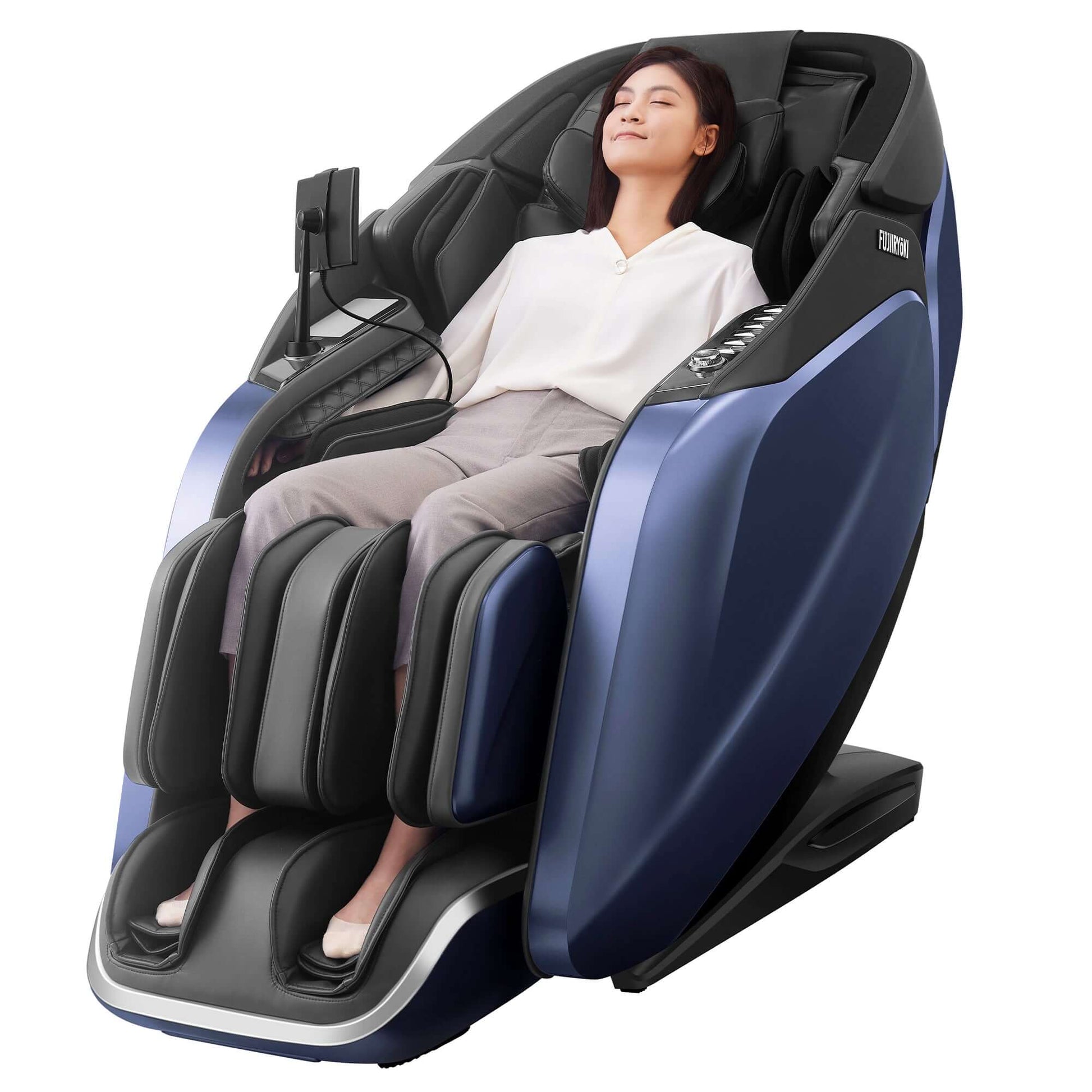 Fujiiryoki Cyber Relax Pro electric massaging chair in blue with a woman enjoying a full-body massage