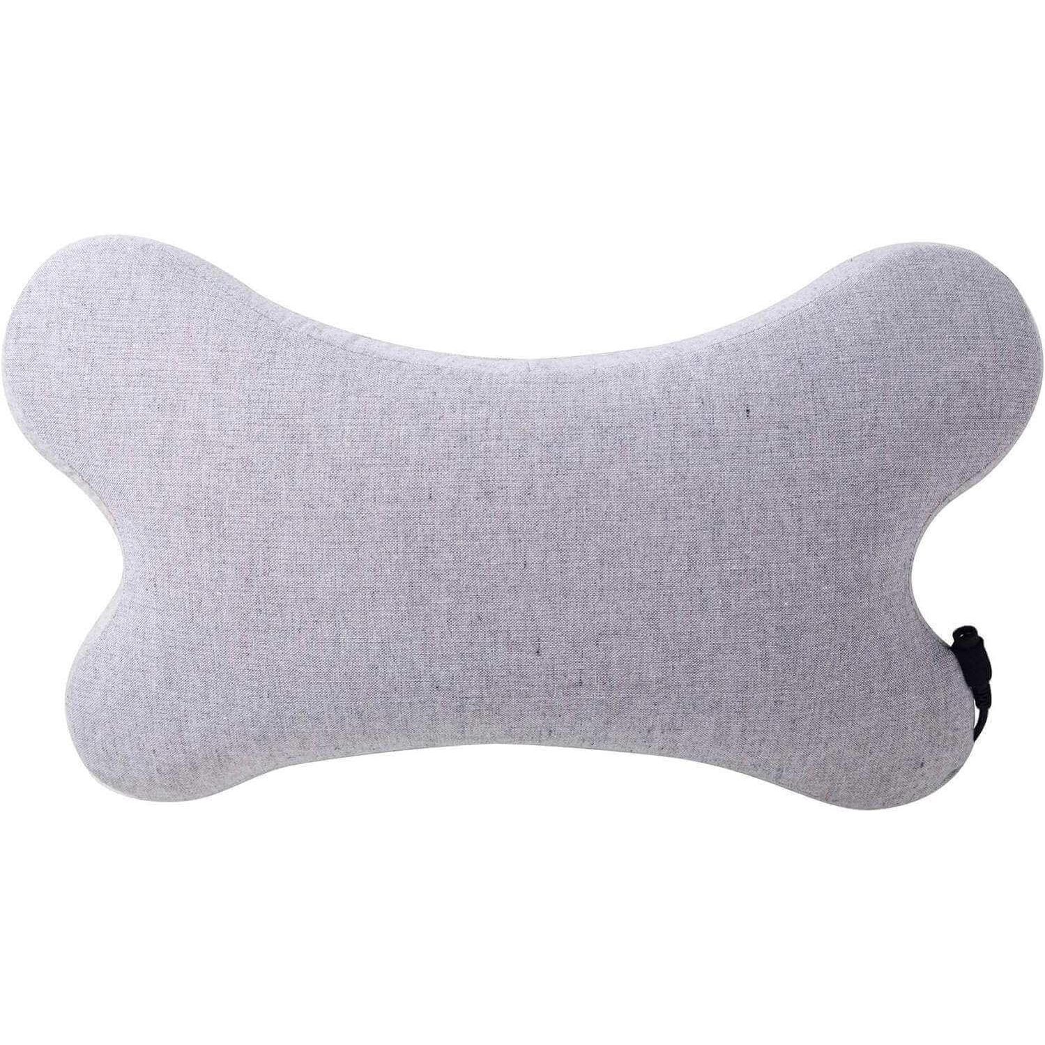 Synca Wellness portable lumbar massage pillow in light gray fabric with ergonomic bone-shaped design