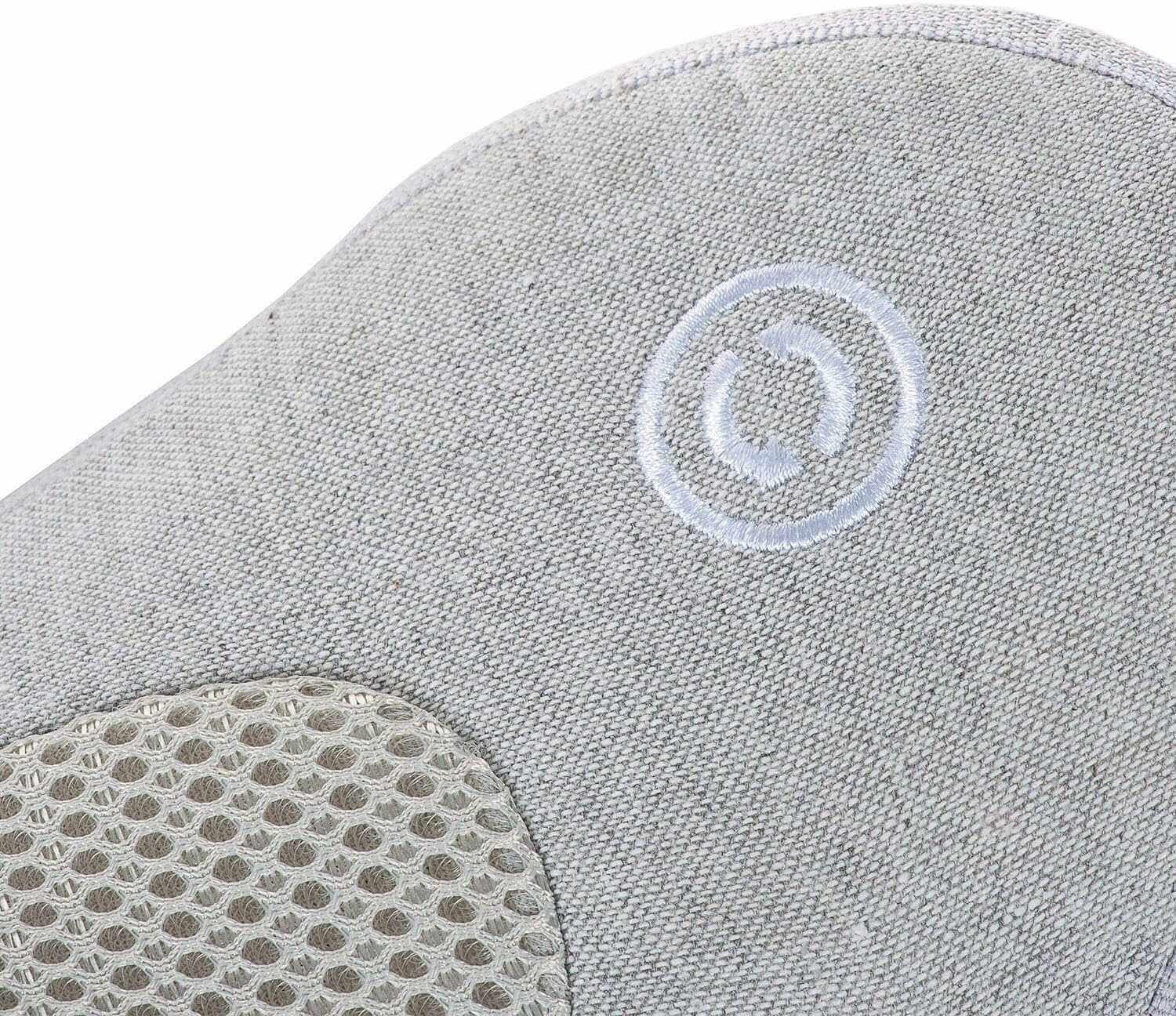 Synca Wellness portable lumbar massage pillow with textured gray fabric and embroidered power symbol