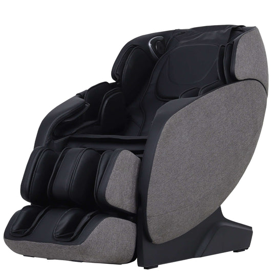 Refuge True Relax massage chair in charcoal black and gray fabric with padded armrests, leg supports and reclining seat