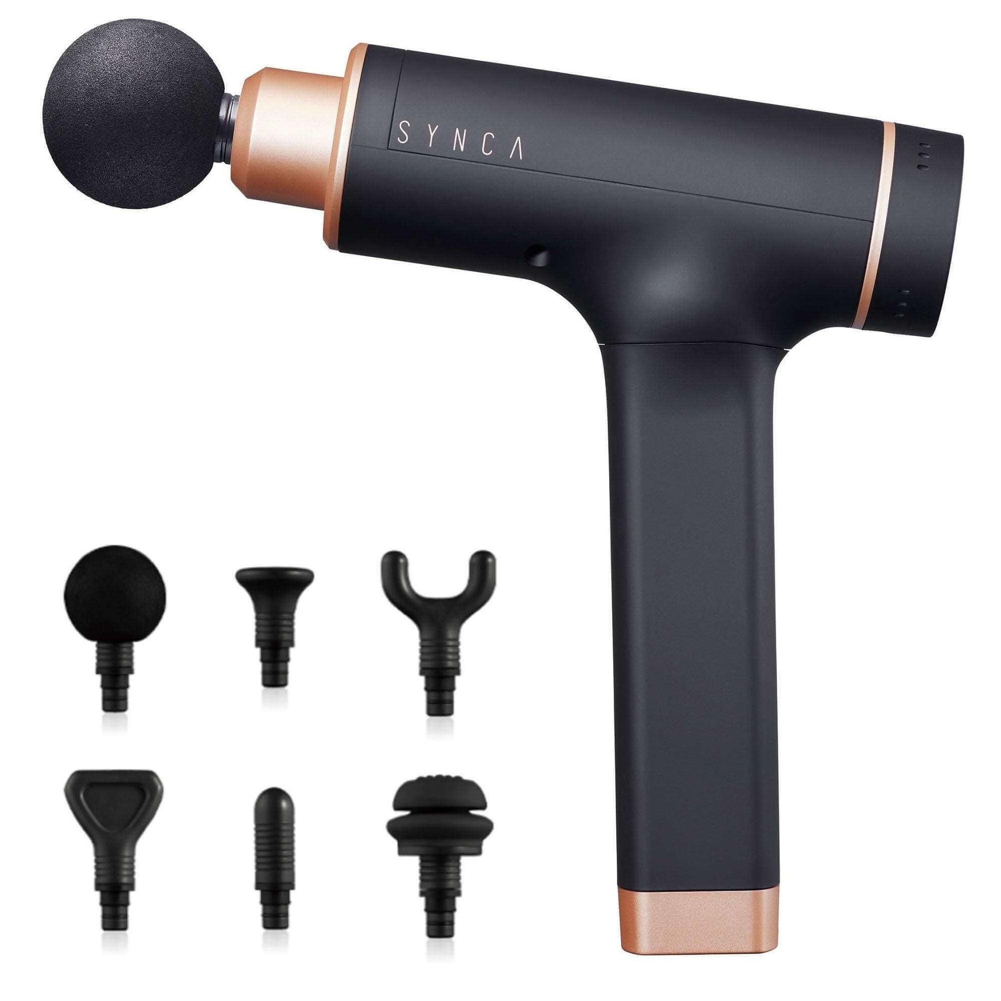 Synca Wellness Percussive Massage Gun with six interchangeable massage heads for targeted muscle relief