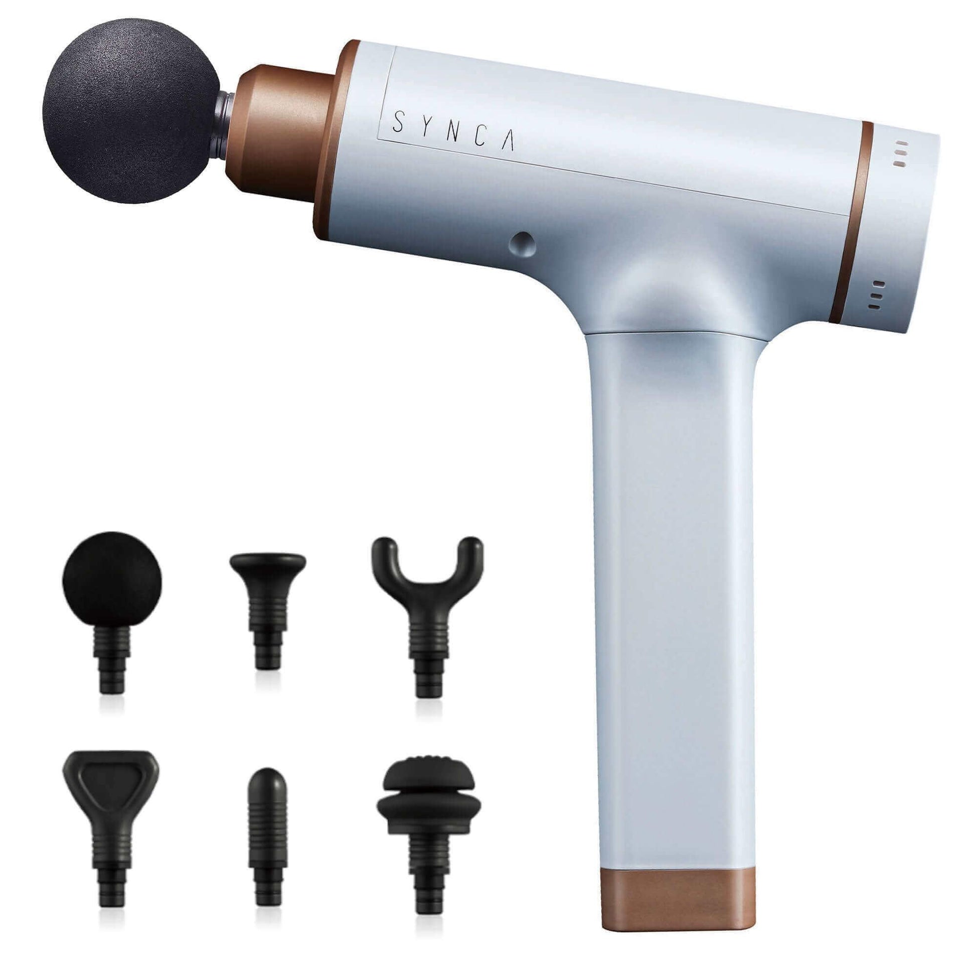 Synca Wellness percussive massage gun with six interchangeable massage heads in white and bronze