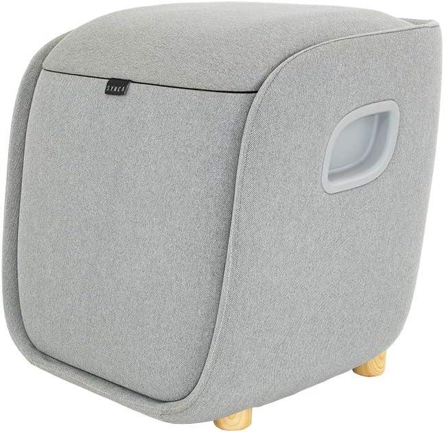Synca Wellness REI Foot Massager electric massager in light gray fabric with wooden feet and side handle