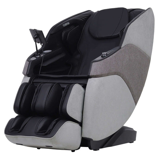 True-Relax Breva massage chair in grey fabric with black padded upholstery, foot rollers and a mounted touchscreen remote