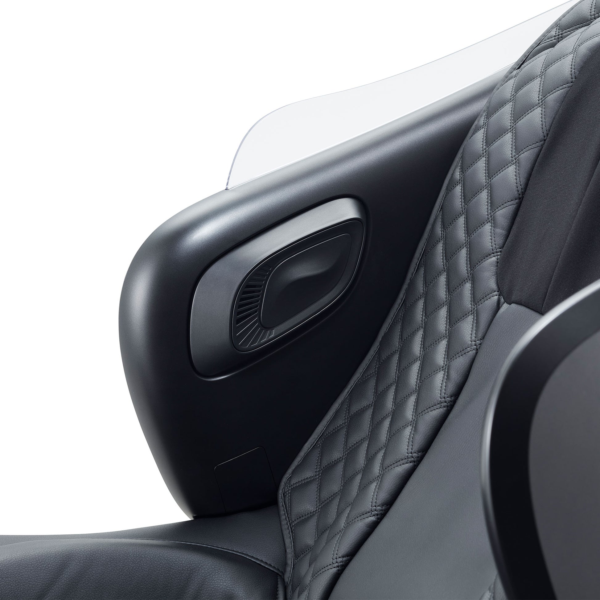 Close-up of black leather quilted upholstery on Synca Wellness CirC 3 Massage Chair armrest