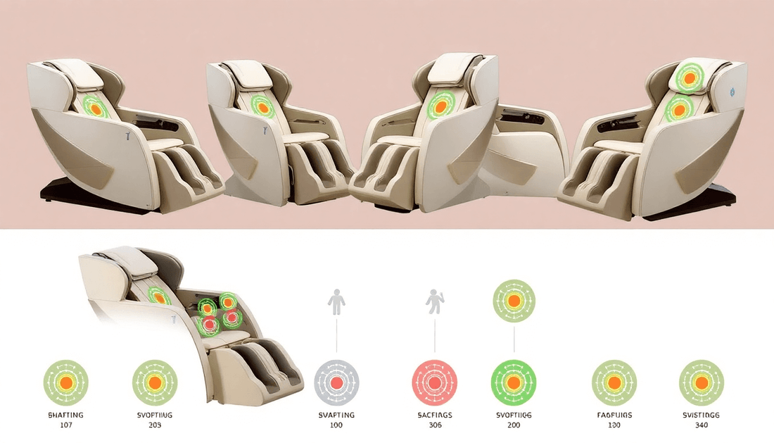 Fujiiryoki massage chairs showcasing various settings and features for relaxation and therapy