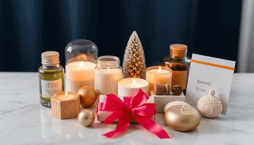 Stress relief gift set with 10 Thoughtful Stress Relief Gifts to Help Your Loved Ones Unwind, featuring candles, oils, bath salts and a red bow