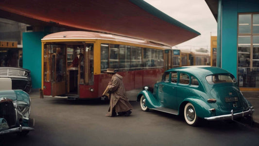 Vintage scene with classic cars and a bus, highlighting mobility options for passengers