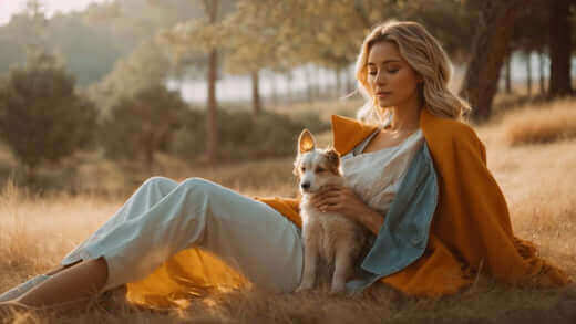 A woman in a field with a dog, representing relaxation in the Synca CirC Plus massage chair review