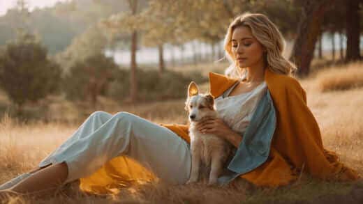 A woman in a field with a dog, representing relaxation in the Synca CirC Plus massage chair review