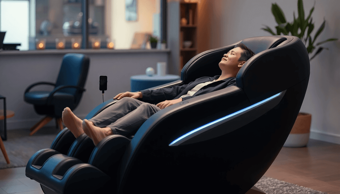 A person relaxing in a modern massage chair, ideal for those looking to choose a massage chair