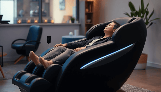 A person relaxing in a modern massage chair, ideal for those looking to choose a massage chair