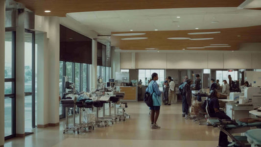 Open clinic interior with medical equipment staff and patients near a massage chair for VA clinic patients