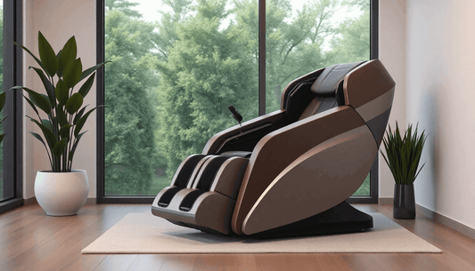 Modern massage chair in a bright room with large windows surrounded by plants best massage chairs 2025