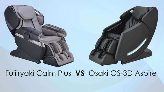 Side by side comparison of two massage chairs showing Fujiryoki Calm Plus VS OS-3D Aspire models in gray and black
